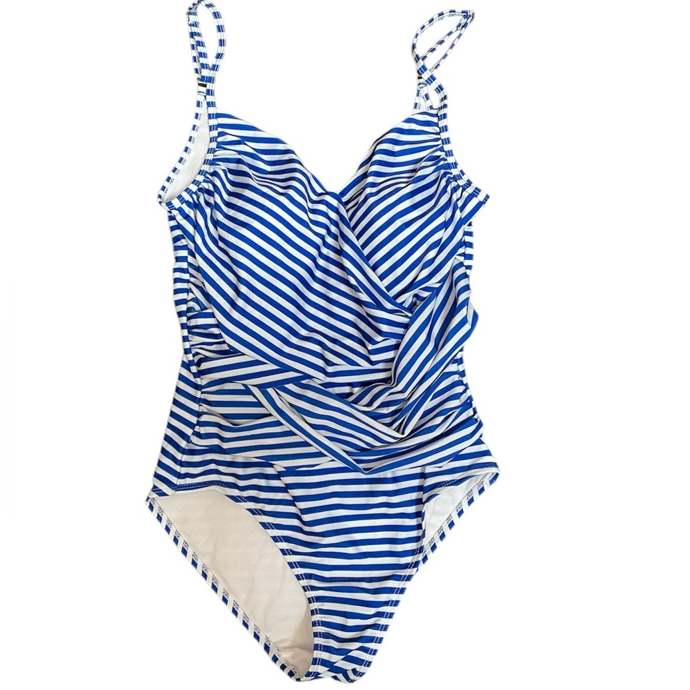 Nicole Miller One Piece Blue White Striped One Piece Shirred Front Swimsuit